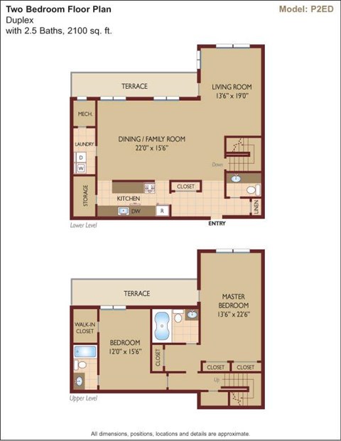 Floor plan for 2 beds, 2.5 baths, 2240 sqft